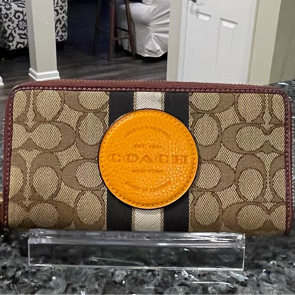 Coach Dempsey Tan and Orange Signature Wallet
